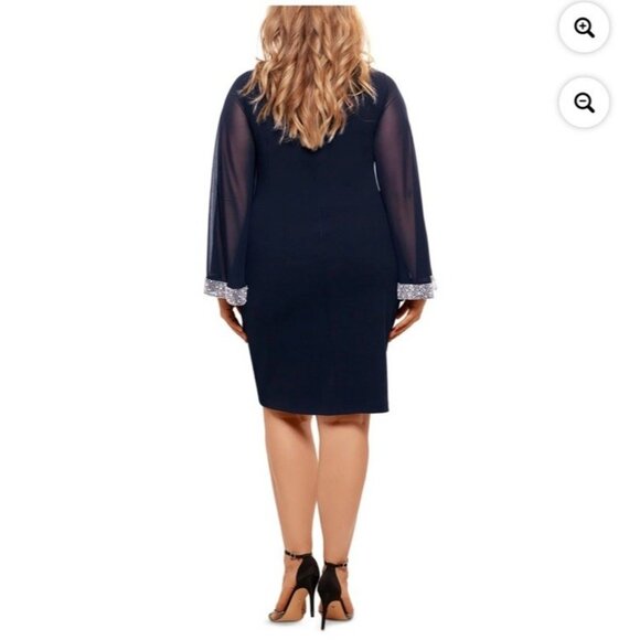 Xscape Womens Plus Size 20 Navy Blue Beaded Bell Sleeve Formal Evening Dress NWT - Picture 2 of 10